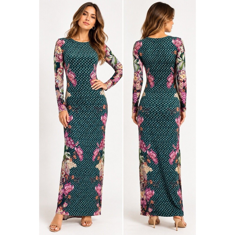 Anna Cate Dark Floral Scallop Print Long Sleeve Fitted Maxi Dress Green Pink